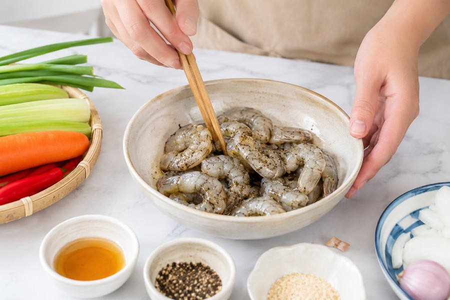 Tôm tươi được bóc vỏ và ướp nhẹ gia vị trước khi nấu. Ảnh: Thùy Linh