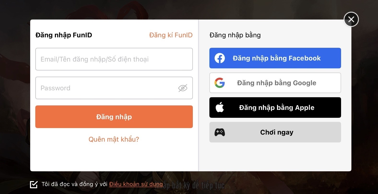Game Tam Quốc X là game 18+ nhưng người dùng chỉ cần đăng ký “Tài khoản FunID” với thông tin về email và mật khẩu. Game cũng có chế độ “Chơi ngay” để vào game không cần tài khoản. Ảnh: Nhóm PV