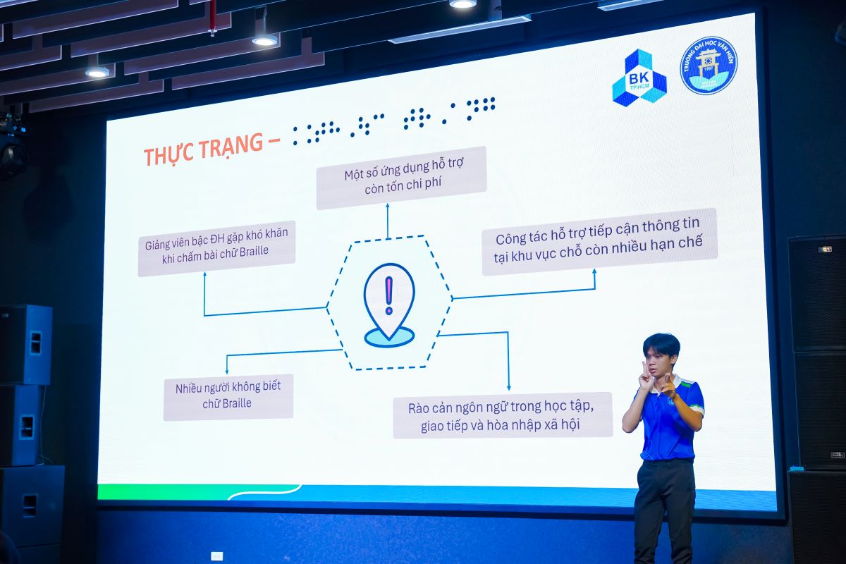 Sinh viên Trần Minh Tường - Trường Đại học Văn Hiến trình bày đề tài “BrailleConnect AI: Nghiên cứu và phát triển hệ thống nhận dạng chữ Braille từ hình ảnh chữ nổi tiếng Việt, chuyển đổi sang văn bản và giọng nói dành cho người mù điếc/khiếm thị” bằng ngôn ngữ ký hiệu. Ảnh: Phương Thảo