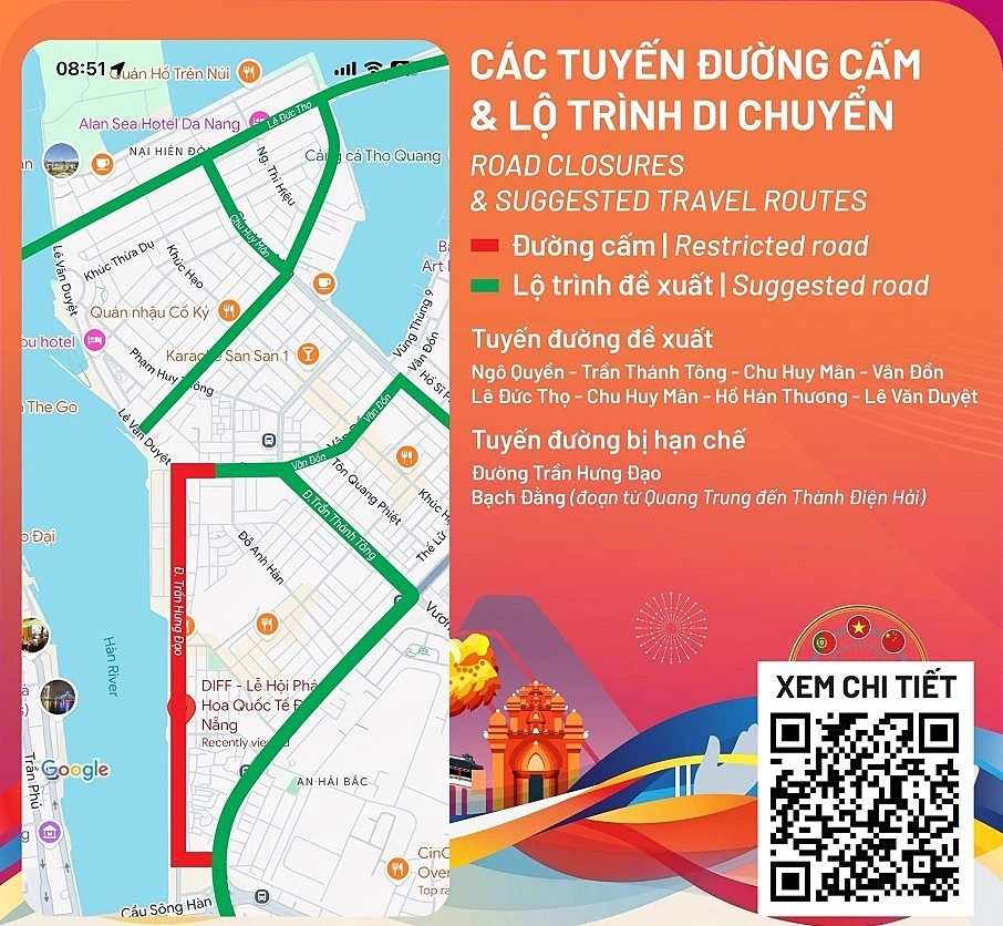 Các tuyến cấm đường và lộ trình di chuyển cho khách. Ảnh: Trung tâm Xúc tiến du lịch Đà Nẵng
