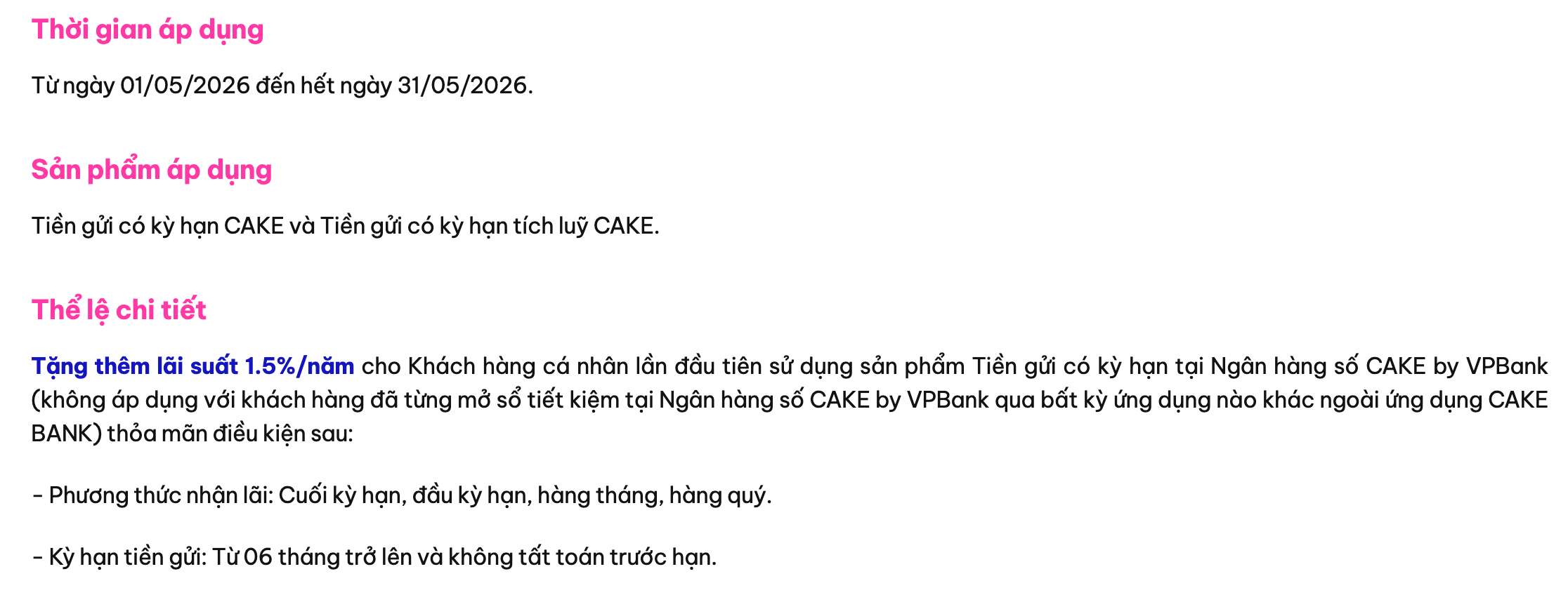 Biểu lãi suất tiết kiệm Cake by VPBank. Ảnh: Cake by VPBank