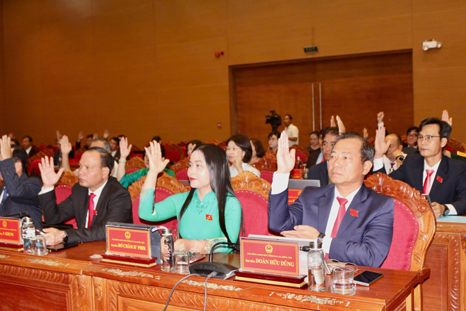 Các đại biểu thống nhất thông qua Nghị quyết. Ảnh: Thanh Tuấn