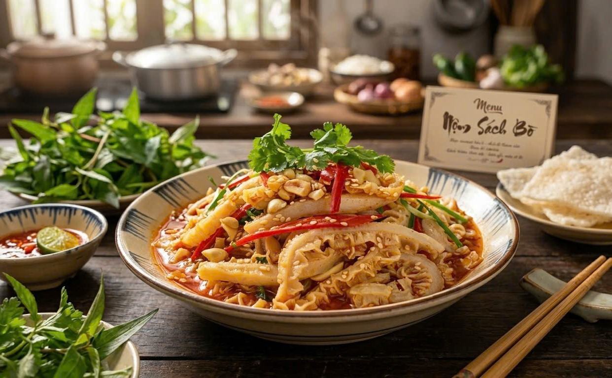 Món nộm sách bò thanh mát với vị chua ngọt hài hòa, sách bò giòn sần sật kết hợp cùng rau củ tươi ngon, trở thành lựa chọn hấp dẫn cho bữa cơm gia đình ngày hè. Đồ họa: Minh Vũ