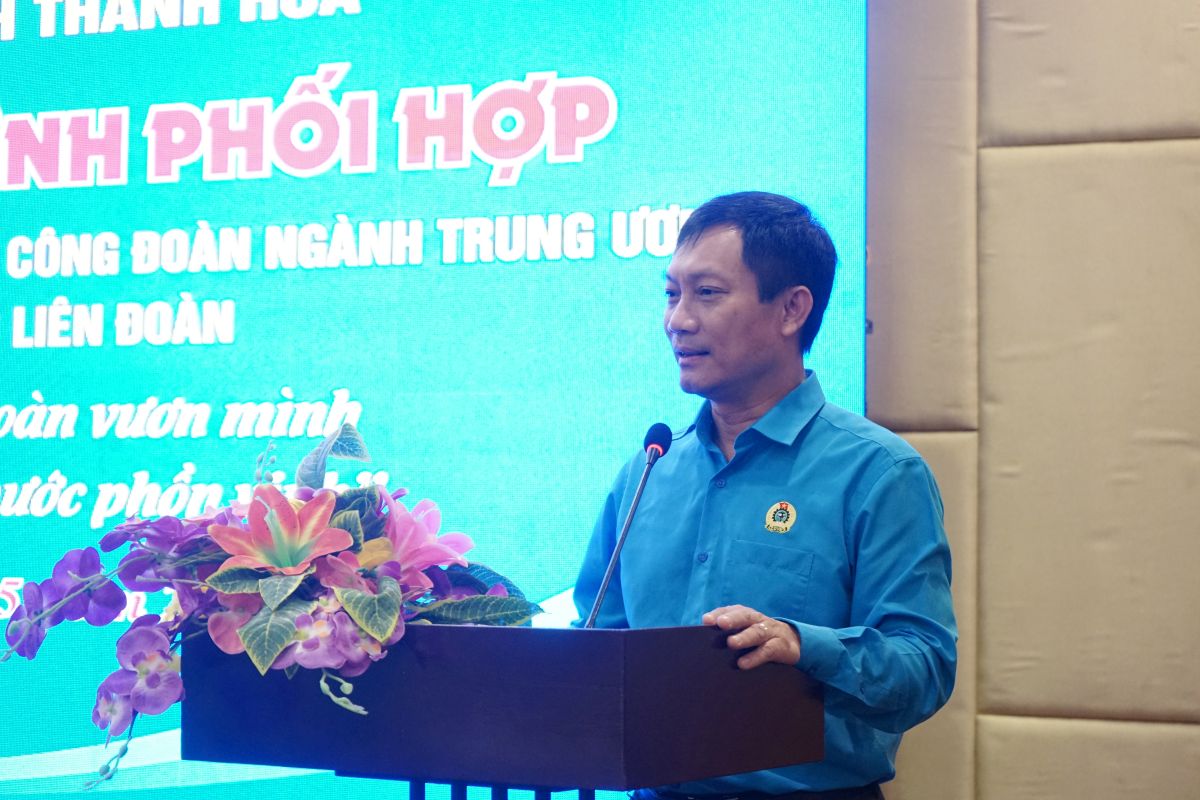 Ông Lê An Hải - Chủ tịch Công đoàn ngành Công thương Việt Nam phát biểu tại lễ ký kết. Ảnh: Quách Du