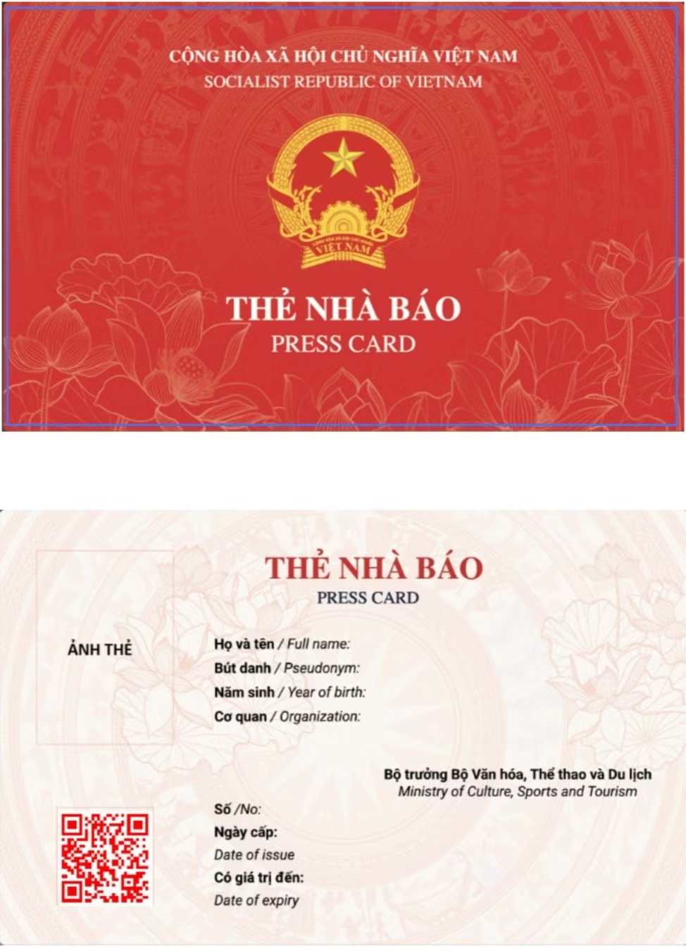 Mẫu thẻ nhà báo kỳ hạn 2026-2030. Ảnh: Bộ VHTTDL