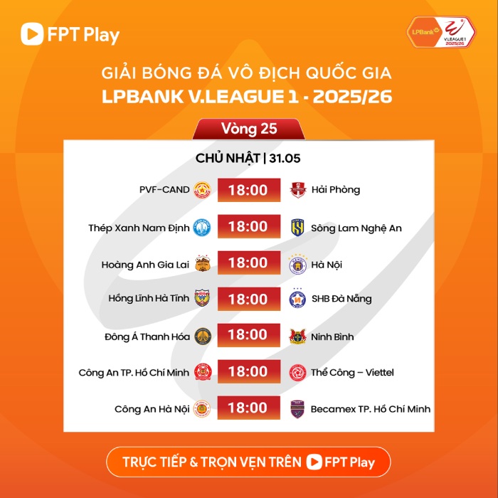 Lịch thi đấu vòng 25 V.League 2025-2026. Ảnh: FPT Play