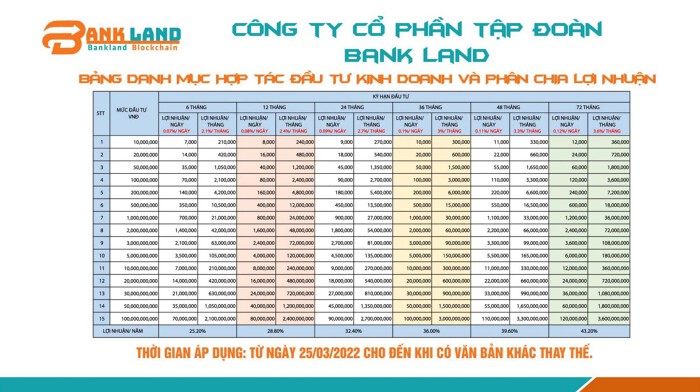 Bảng chia lợi nhuận theo mức đầu tư của Công ty Bankland. Ảnh: Bankland