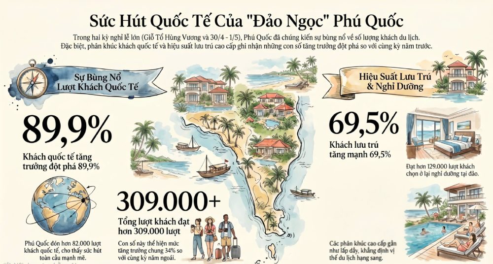 Phú Quốc thu hút du khách trong và ngoài nước, chiếm gần 98% lượng khách quốc tế đến An Giang trong 2 kỳ nghỉ lễ. Đồ hoạ: Nguyên Anh