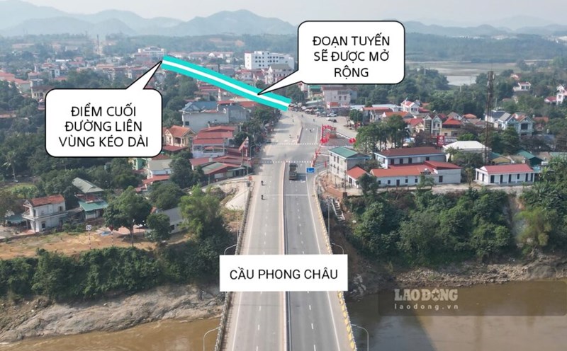 Đoạn đường nối từ đường liên vùng kéo dài tới cầu Phong Châu dài hơn 200m sẽ được mở rộng. Ảnh: Tô Công