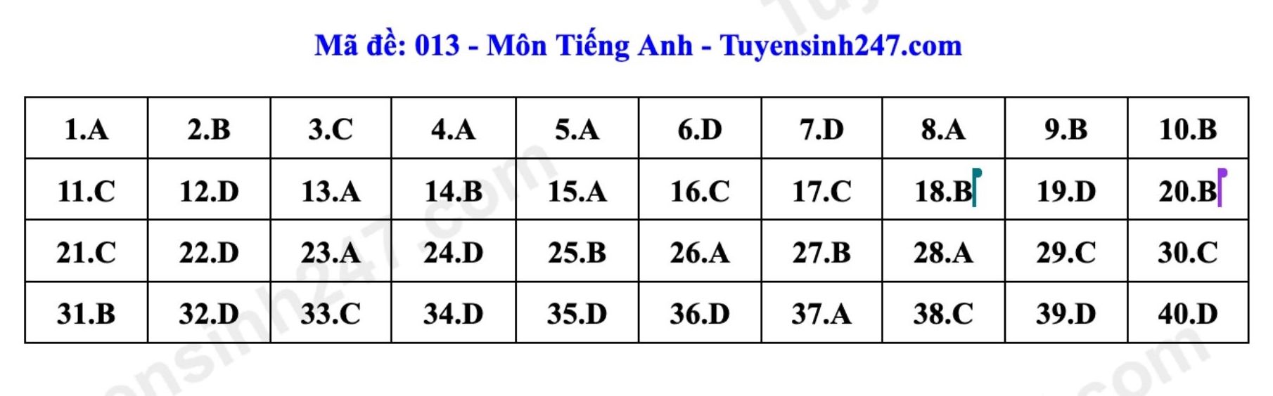Đáp án tham khảo đề thi môn tiếng Anh vào lớp 10 tại Hà Nội mã 013 năm 2026. Ảnh: Tuyensinh247