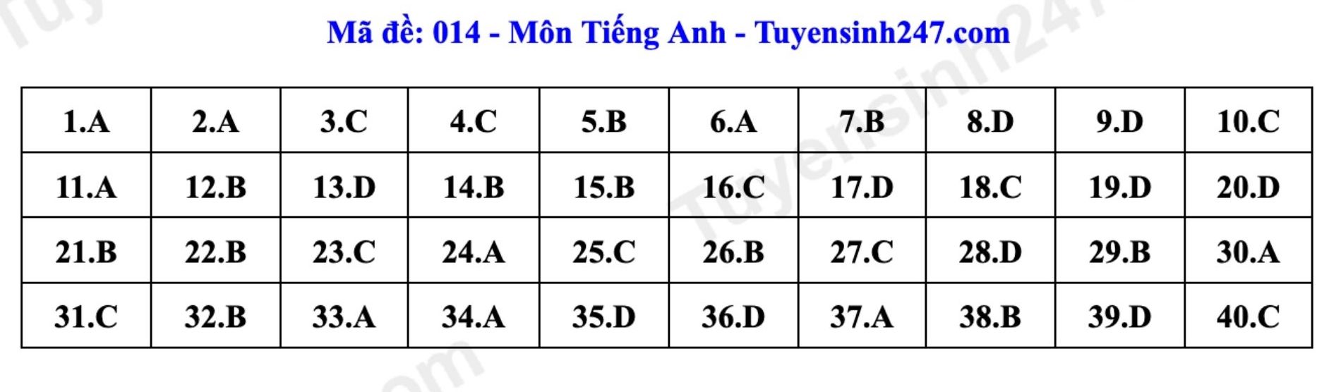 Đáp án tham khảo đề thi môn tiếng Anh vào lớp 10 tại Hà Nội mã 014 năm 2026. Ảnh: Tuyensinh247