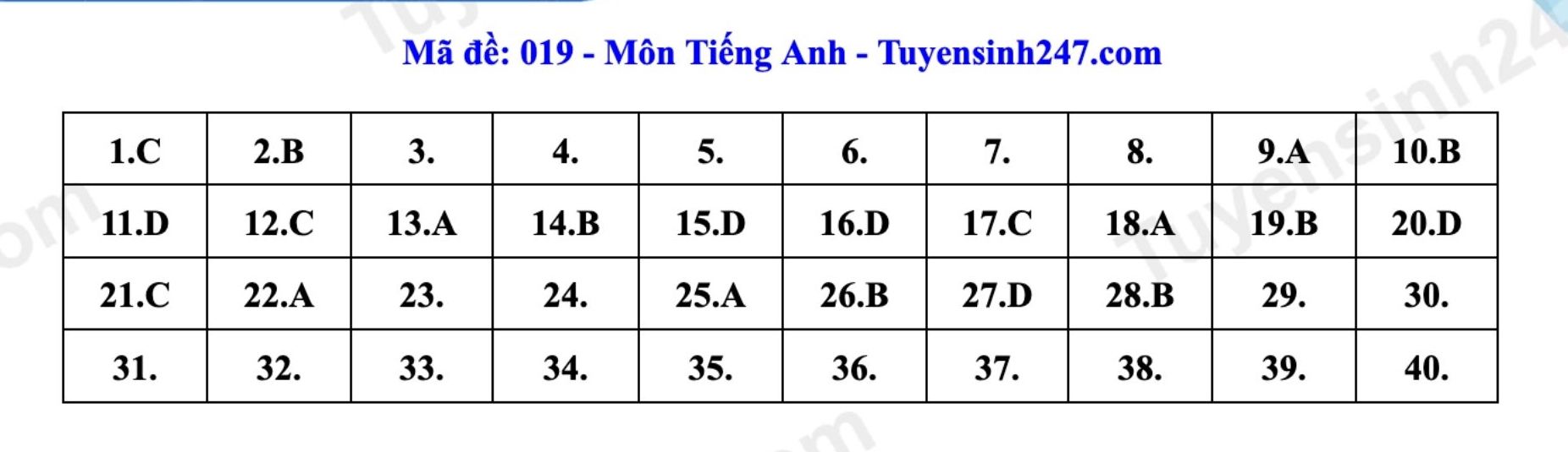 Đáp án tham khảo đề thi môn tiếng Anh vào lớp 10 tại Hà Nội mã 019 năm 2026. Ảnh: Tuyensinh247  