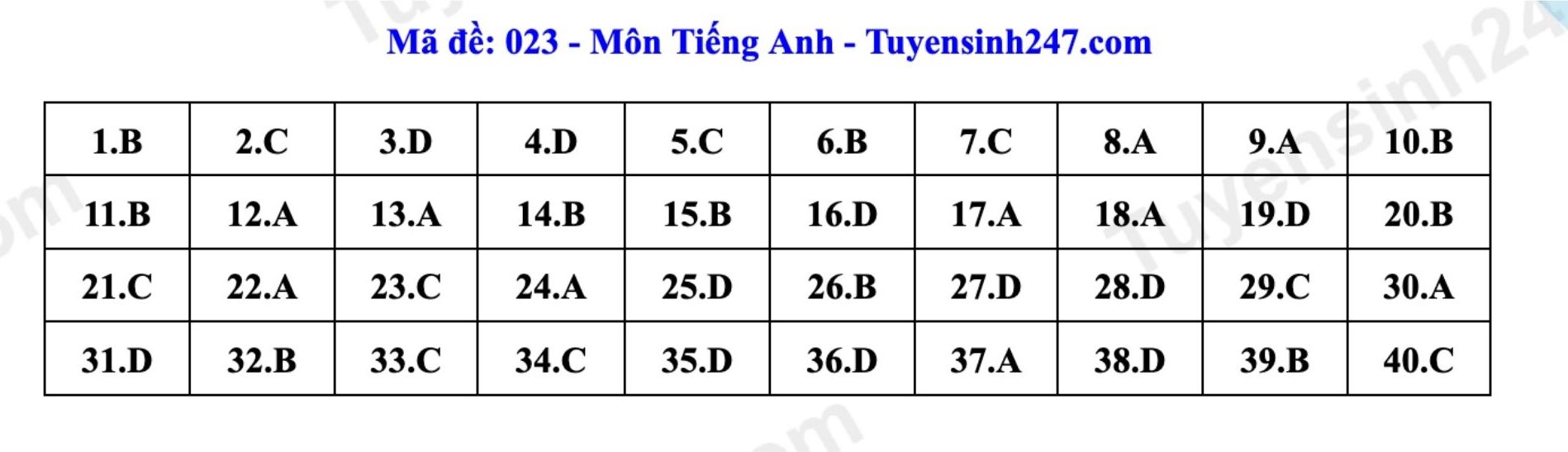 Đáp án tham khảo đề thi môn tiếng Anh vào lớp 10 tại Hà Nội mã 023 năm 2026. Ảnh: Tuyensinh247