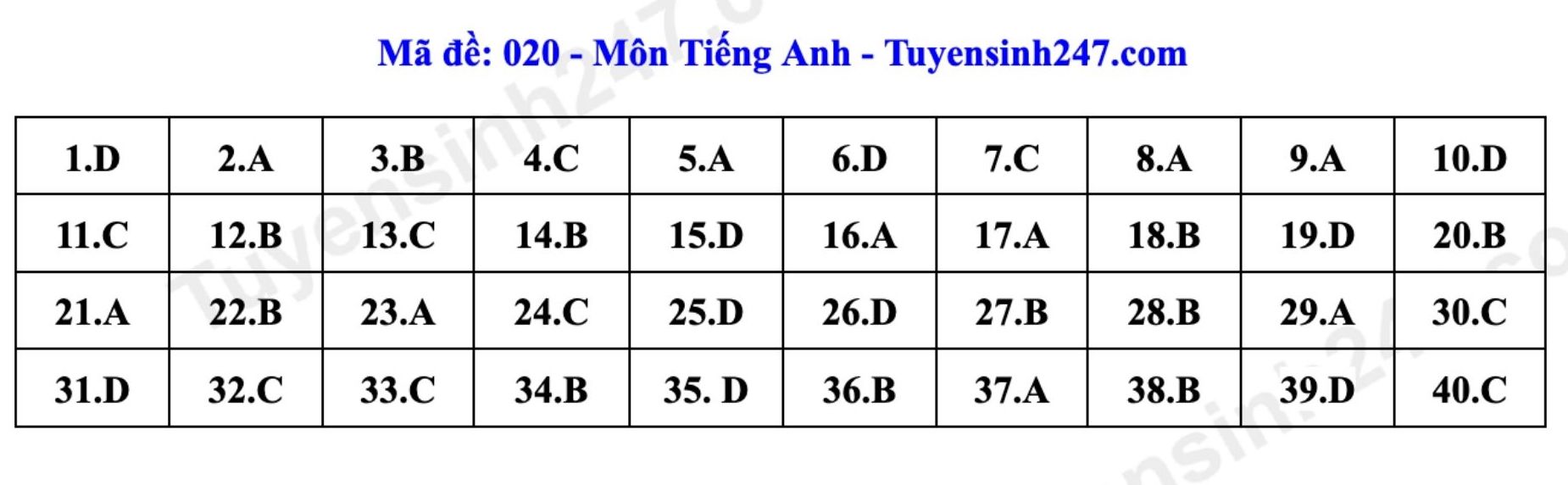Đáp án tham khảo đề thi môn tiếng Anh vào lớp 10 tại Hà Nội mã 020 năm 2026. Ảnh: Tuyensinh247
