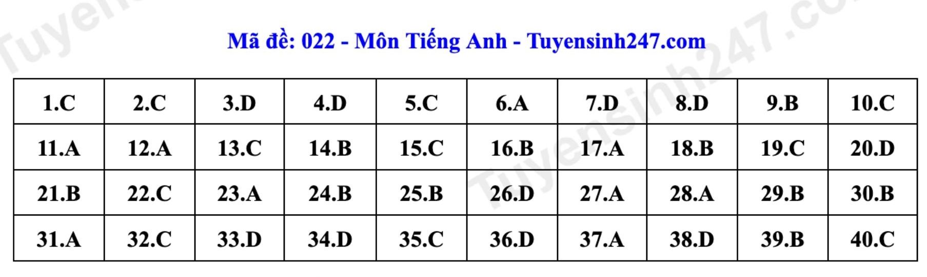 Đáp án tham khảo đề thi môn tiếng Anh vào lớp 10 tại Hà Nội mã 022 năm 2026. Ảnh: Tuyensinh247