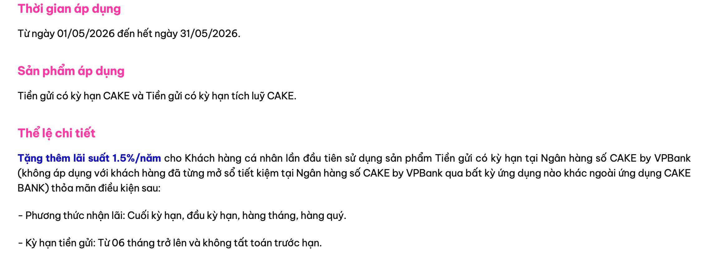 Biểu lãi suất tiết kiệm Cake by VPBank. Ảnh: Cake by VPBank  