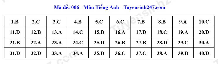 Đáp án tham khảo mã đề 006 môn tiếng Anh thi vào lớp 10 tại Hà Nội năm 2026. Ảnh: Tuyensinh247