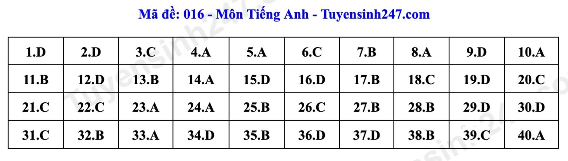 Đáp án tham khảo đề thi môn tiếng Anh vào lớp 10 tại Hà Nội mã 016 năm 2026. Ảnh: Tuyensinh247