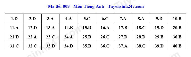 Đáp án tham khảo thi vào lớp 10 tại Hà Nội năm 2026, mã đề 009. Ảnh: Tuyensinh247