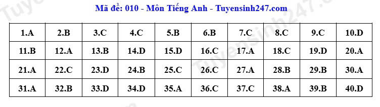 Đáp án tham khảo mã đề 010 môn tiếng Anh thi vào lớp 10 tại Hà Nội năm 2026. Ảnh: Tuyensinh247