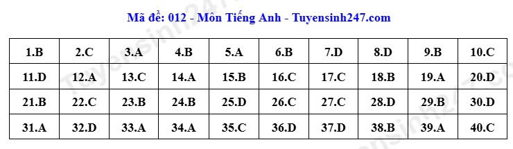 Đáp án tham khảo mã đề 012 môn tiếng Anh thi tuyển sinh vào lớp 10 tại Hà Nội năm học 2026 - 2027. Ảnh: Tuyensinh247