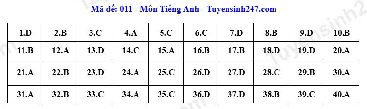 Đáp án mã đề 011 môn tiếng Anh thi vào lớp 10 tại Hà Nội năm 2026. Ảnh: Tuyensinh247