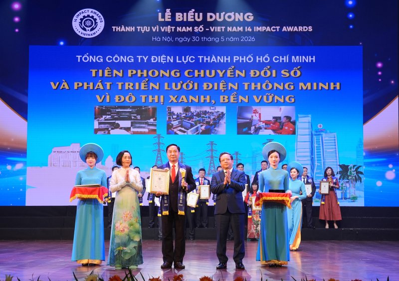 Mr. Nguyen Thanh Nha - Deputy General Director of EVNHCMC (standing in the middle of the first row) - representative of the Corporation receiving the award. Photo: EVNHCMC provided