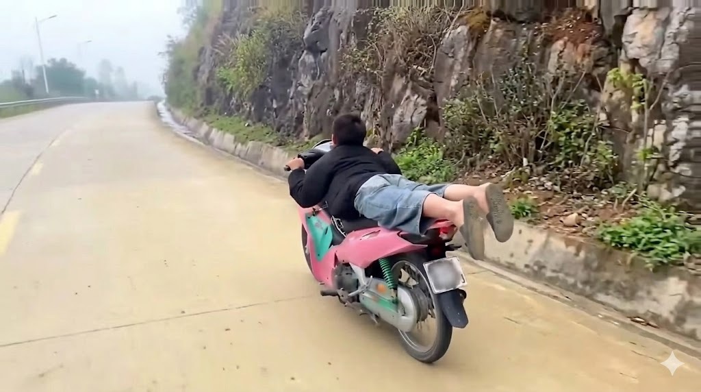 Young man lying face down on the saddle while driving a motorbike. Photo: Traffic Police Department