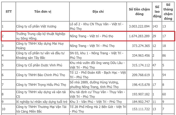 Danh sách đơn vị nợ BHXH do BHXH Phú Thọ công bố. Ảnh: BHXH Phú Thọ