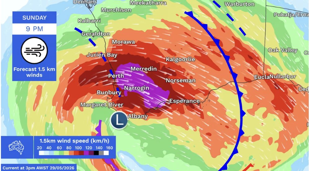People in Western Australia are warned about the risk of strong gusts of wind, heavy rain, flash floods and tornadoes as a large storm system enters the area. Photo: Australian Weather Service