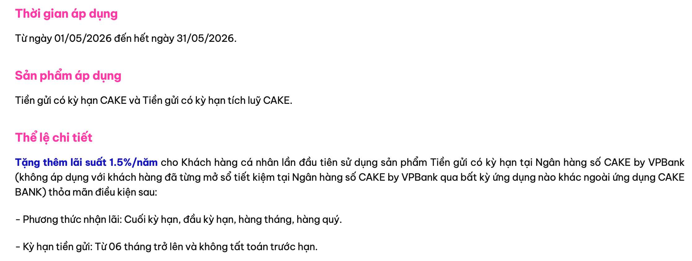Biểu lãi suất tiết kiệm Cake by VPBank. Ảnh: Cake by VPBank