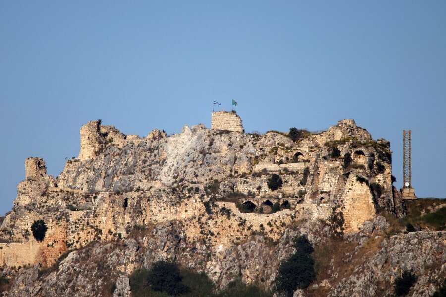 An Israeli flag flies above the medieval Beaufort castle, known locally as Qalaat al-Shaqif or Shaqif Arnoun, as seen from the Marjayoun area in southern Lebanon on May 31. Photo: AFP