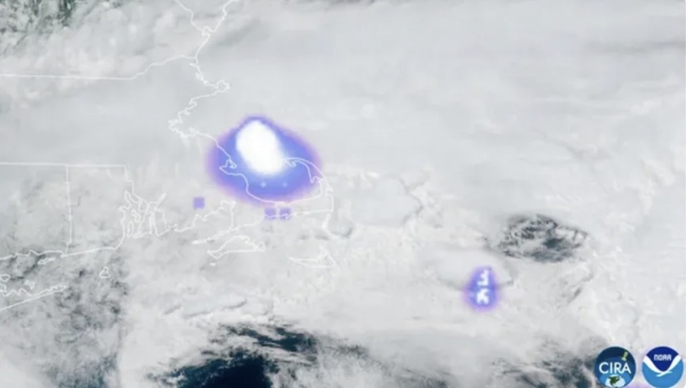 Traces of the meteorite entering the atmosphere and exploding off the coast of Massachusetts on May 30. The fireball is shown by a bright streak near the middle of the photo. Photo: NOAA