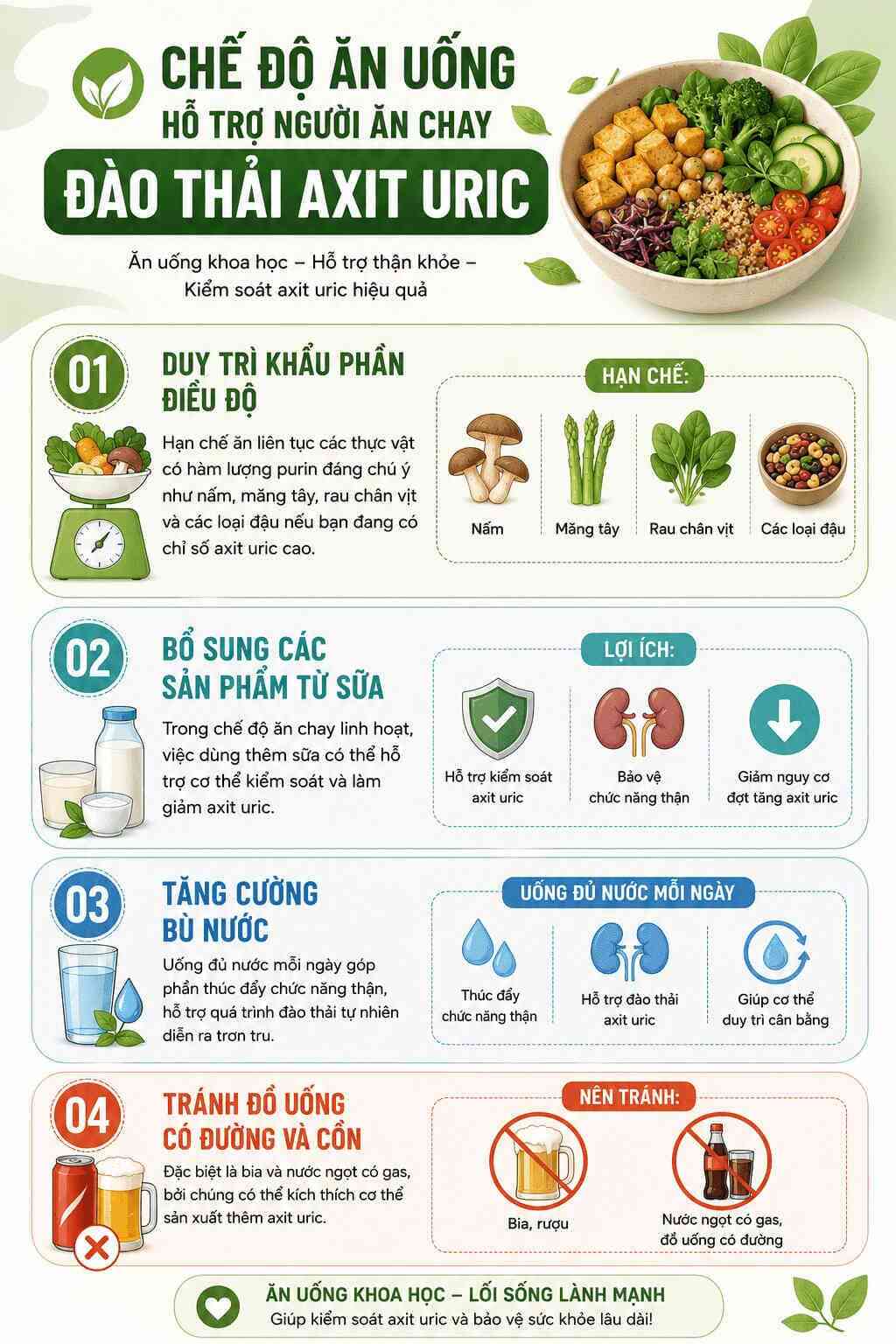 Infographic: Chi tiết hướng dẫn chế độ ăn uống khoa học giúp người ăn chay đào thải axit uric hiệu quả và bảo vệ chức năng thận. Đồ họa: Trà My