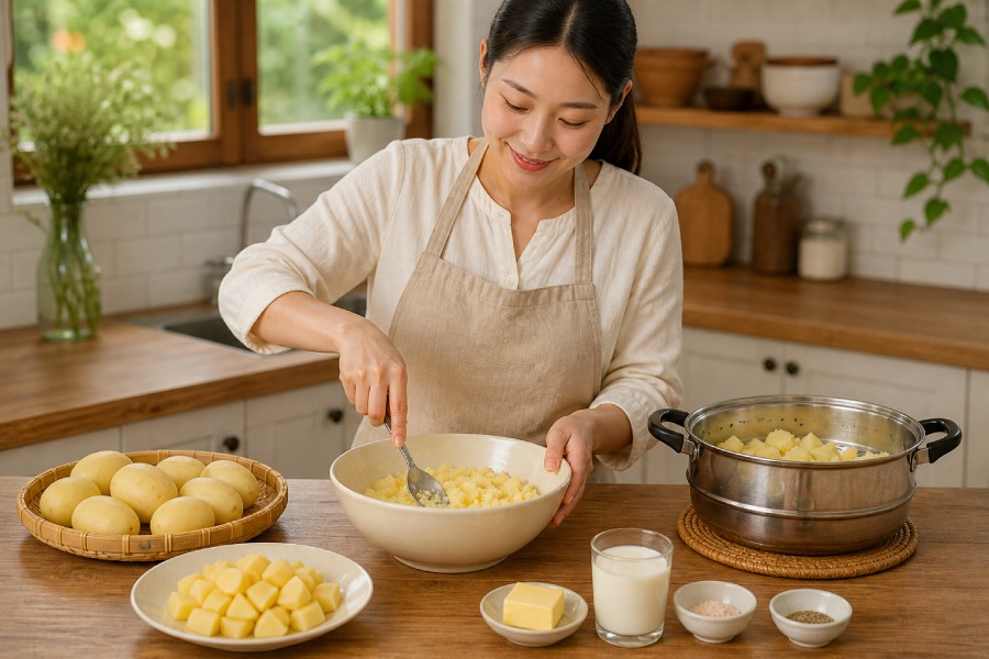 Khoai tây được hấp chín mềm, nghiền nhuyễn cùng một ít gia vị để chuẩn bị tạo hình. Ảnh: Thùy Linh