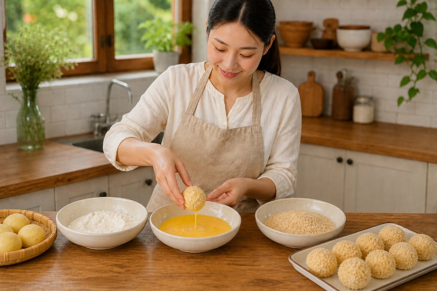 Khoai tây nghiền được bọc nhân phô mai bên trong, vo thành từng viên nhỏ vừa ăn. Ảnh: Thùy Linh 