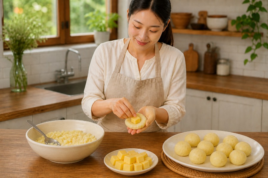 Khoai tây nghiền được bọc nhân phô mai bên trong, vo thành từng viên nhỏ vừa ăn.