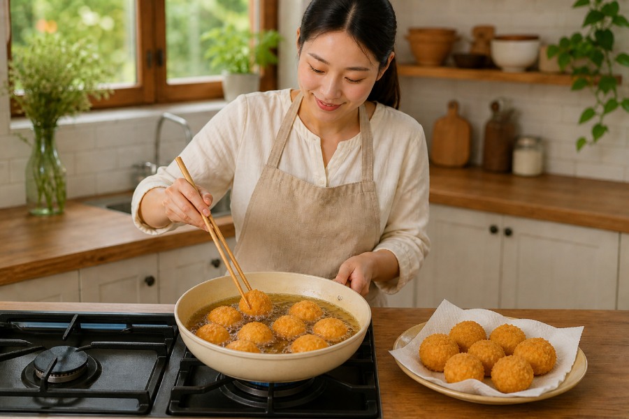 Chiên viên khoai cho tới khi vàng đều. Ảnh: Thùy Linh. 