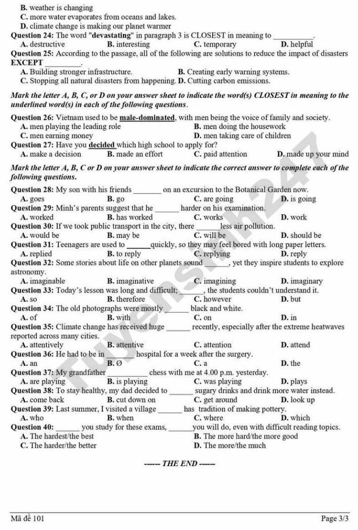 Đề thi thử vào lớp 10 năm 2026 môn Anh lần 2 - THPT Lương Ngọc Quyến (Sở GDĐT Thái Nguyên). Ảnh: Tuyensinh247