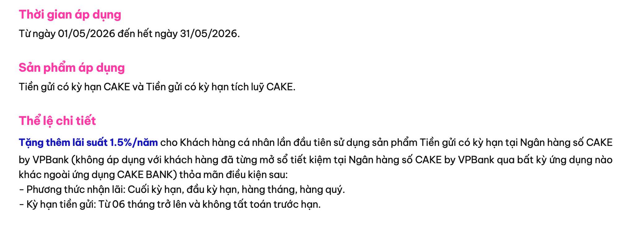 Biểu lãi suất tiết kiệm Cake by VPBank. Ảnh: Cake by VPBank  