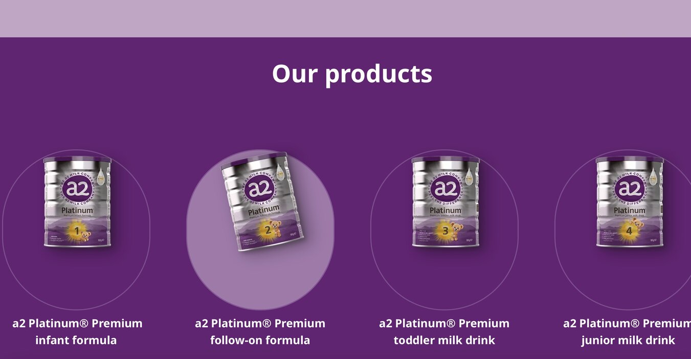 A2 Platinum baby milk powder product of a2 Milk group. Photo cut from a2 Milk website