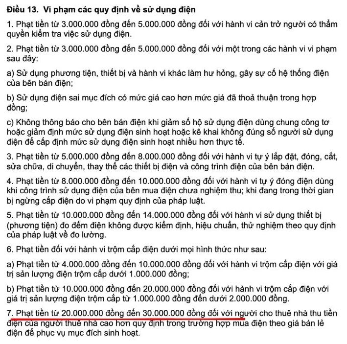 Mức xử phạt cho hành vi sử dụng điện 