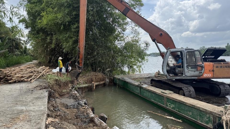 The construction unit is proceeding to fix the point with signs of instability on the Song Mang dyke section passing through Tan Long Hoi commune. Photo: Hoang Loc