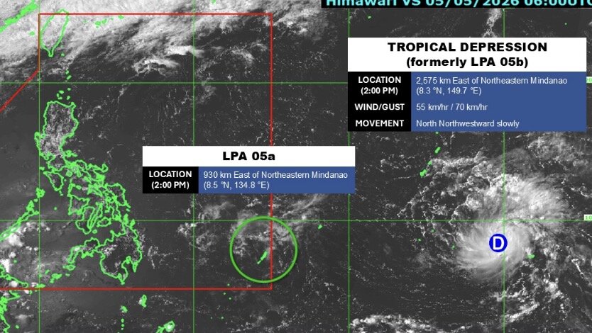 One of the 2 low pressure areas near the Philippines has strengthened into a tropical depression. Photo: PAGASA