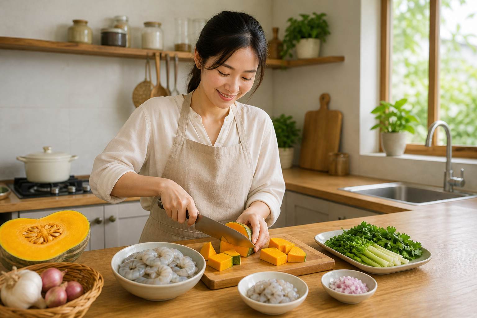 Bí đỏ được gọt vỏ, cắt miếng vừa ăn để giữ độ mềm bùi khi nấu canh. Ảnh: Thùy Linh 