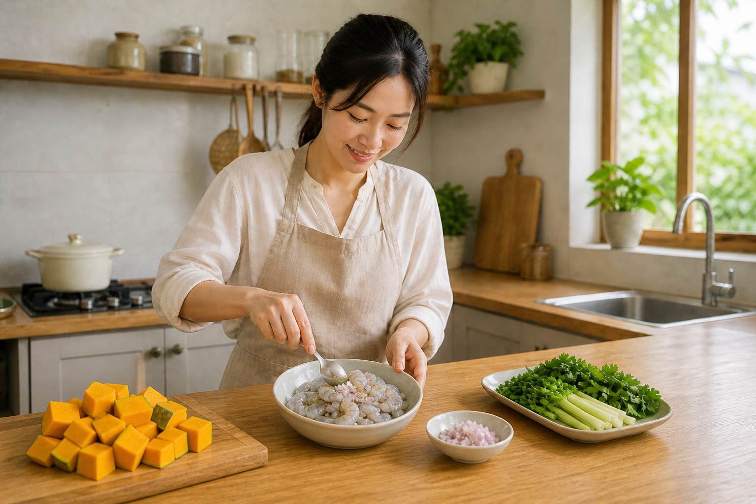 Tôm tươi được bóc vỏ, rút chỉ đen và ướp nhẹ cùng hành tím, gia vị. Ảnh: Thùy Linh