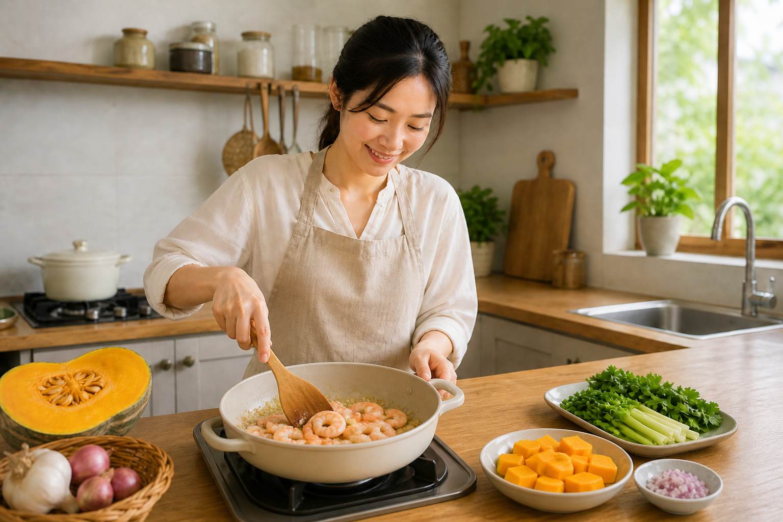 Tôm được xào sơ trước khi cho nước vào nấu, giúp món canh dậy mùi thơm. Ảnh: Thùy Linh 