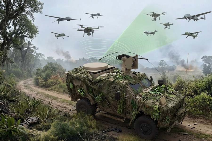 Sketch image of the Alecto high-power microwave weapon system mounted on a light tactical vehicle on the battlefield. Graphics: Cat Tien