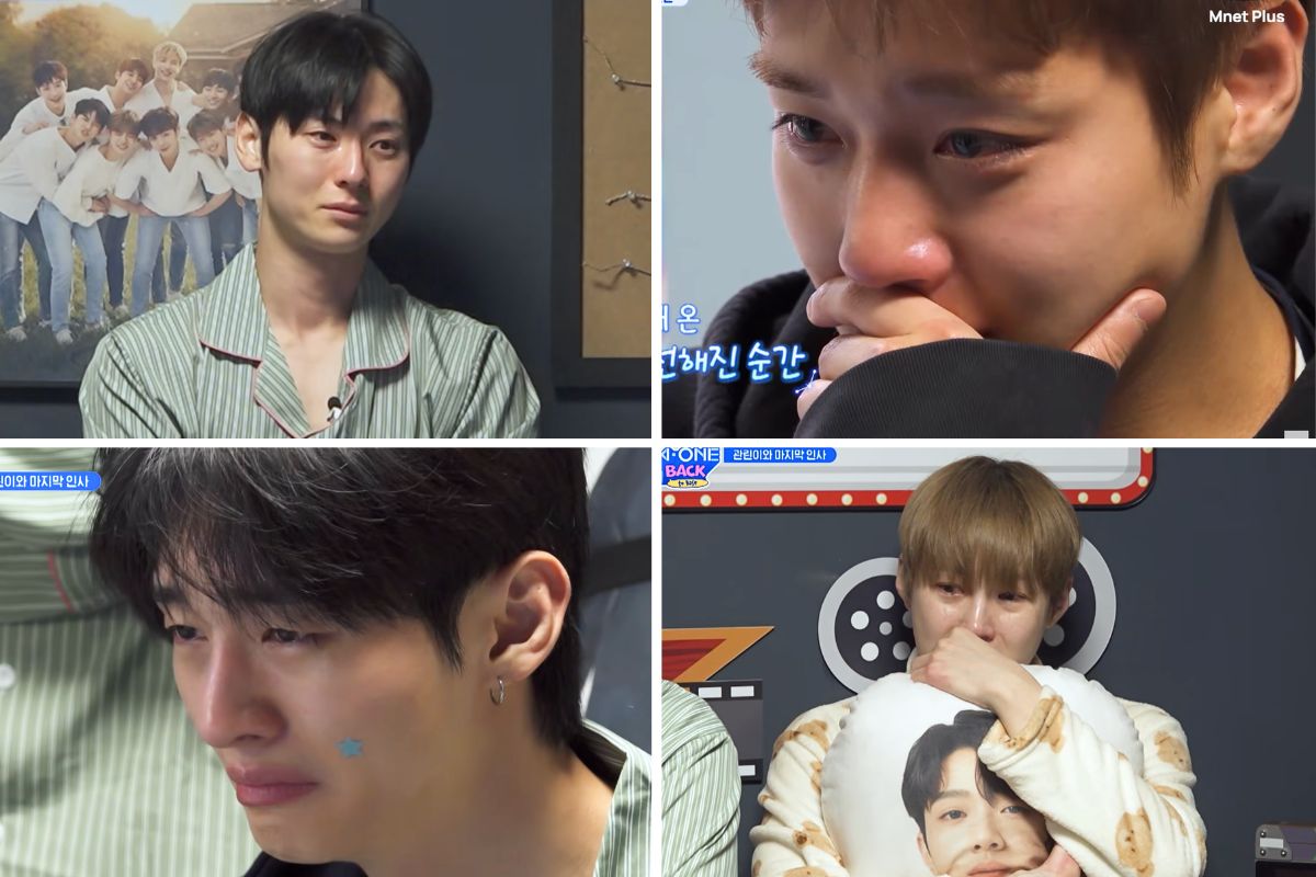 Các thành viên Wanna One khóc khi nghe tâm sự của Lại Quán Lâm. Ảnh: Nhà sản xuất