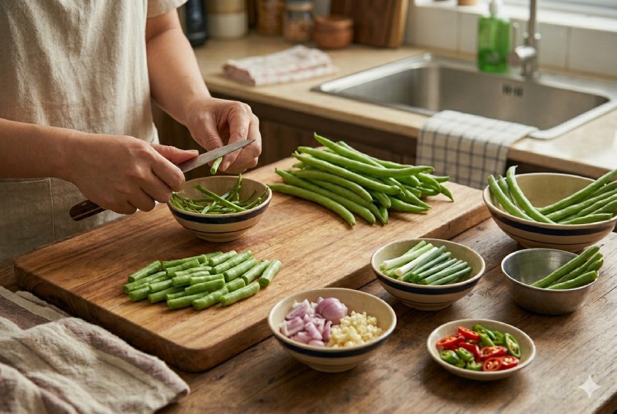Đậu que được nhặt sạch, cắt khúc và chần sơ để giữ màu xanh giòn. Ảnh: Thùy Linh 